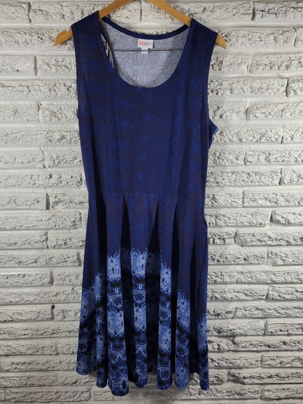 Lularoe Fit Flare Tank Dress XL Blue Tie Dye Sleeveless Pockets Crew Neck TIE18E